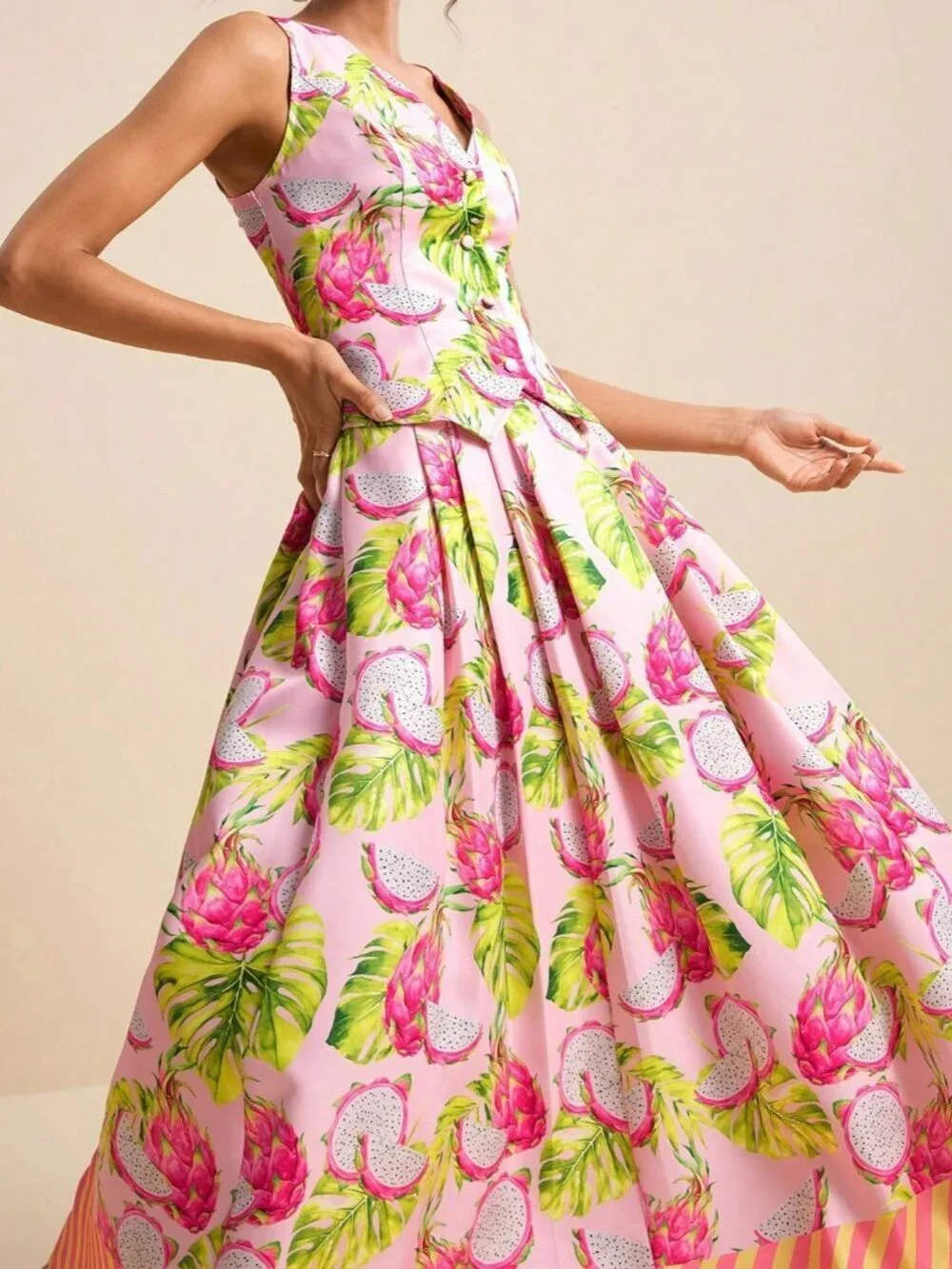 Pink Boho Women's Dragonfruit Tropical V-Neck Sleeveless Top & Skirt 2-Piece Set